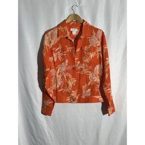Cynthia Rowley Orange Floral 100% Linen Jacket Sz M Colorful Lightweight Pockets